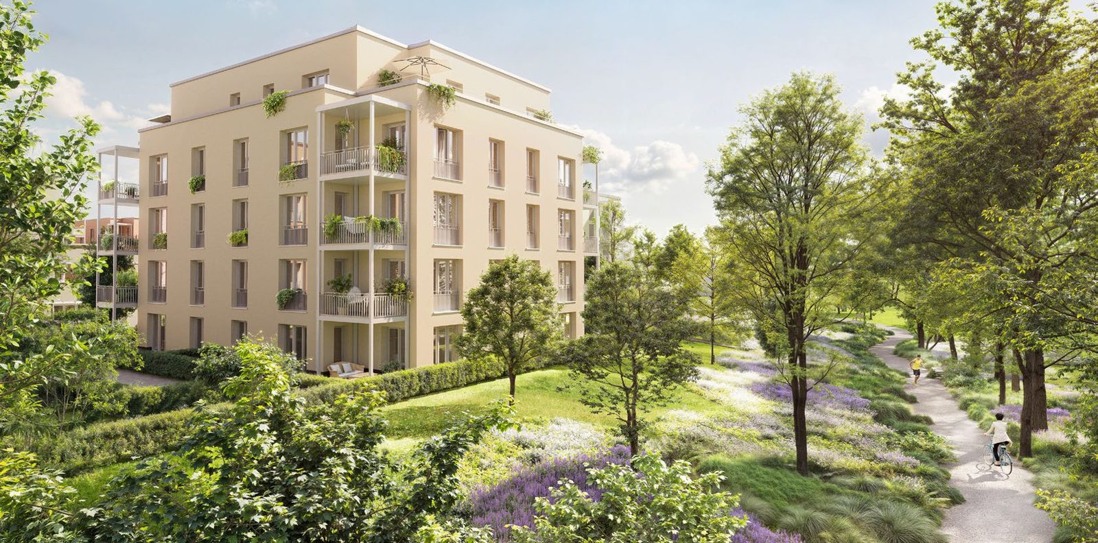 LOOP Nürnberg — Wohngebäude mit Blumenwiesen und Wegen durch den Park