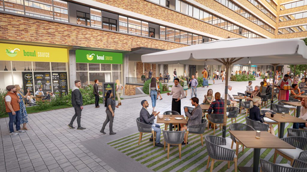The Q Nürnberg — Visualisierung des Betriebshofs mit Gastronomie