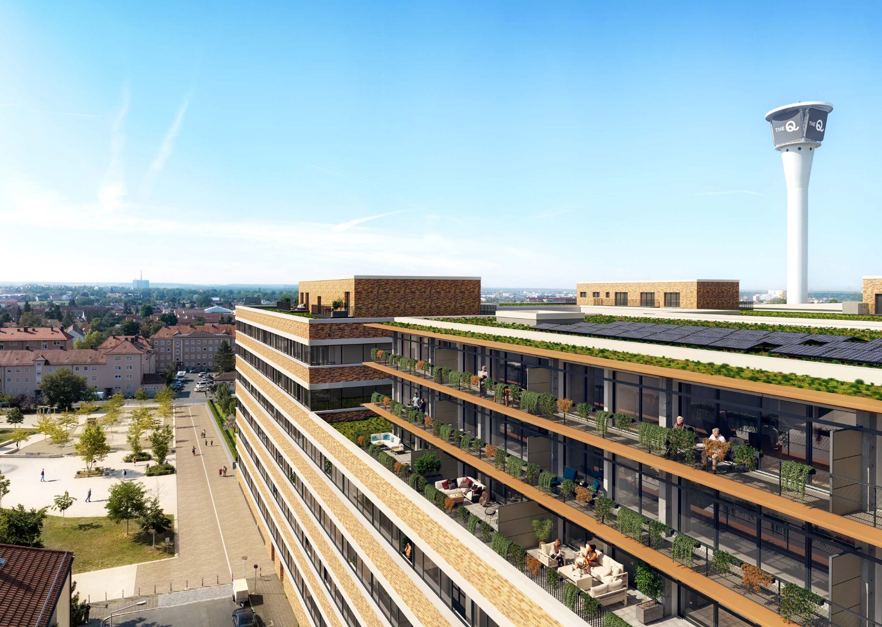 The Q Nürnberg — Visualisierung des Wohnquartiers auf dem ehemaligen Quelle-Areal aus der Luft
