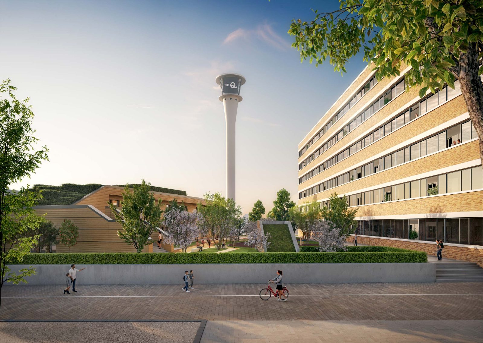 The Q Nürnberg — Visualisierung des Quartiers mit Platz, Neubauteil und Turm